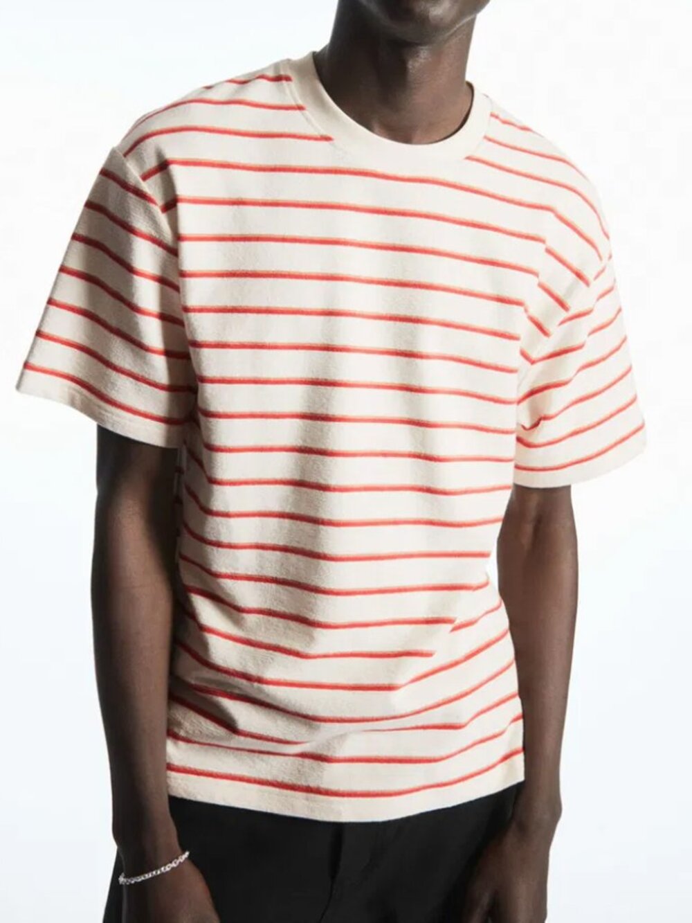 COS Men's L Striped Bouclé T-Shirt Cream Red Textured Relaxed Fit Short Sleeves